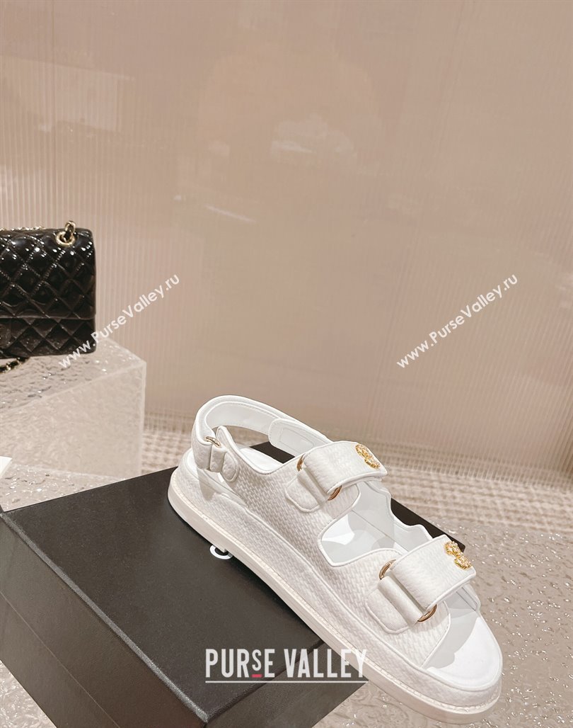 Chanel Knitwear Strap Flat Sandals with Pearls CC G35927 White 2023 (MD-240108055)