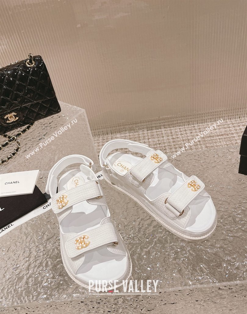 Chanel Knitwear Strap Flat Sandals with Pearls CC G35927 White 2023 (MD-240108055)