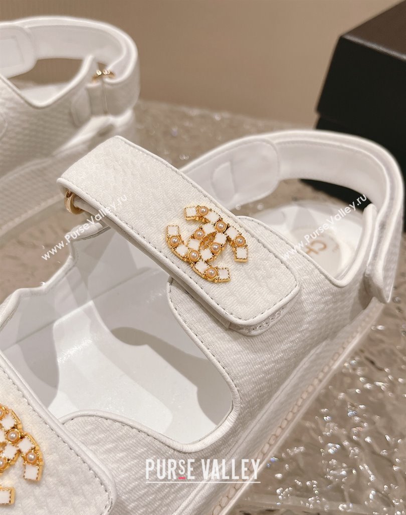 Chanel Knitwear Strap Flat Sandals with Pearls CC G35927 White 2023 (MD-240108055)