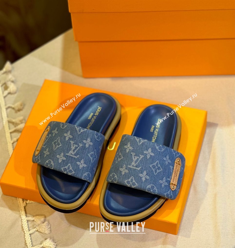 Louis Vuitton Pool Pillow Flat Comfort Slide Sandals in Monogram Denim Blue 2024 1ACJVH (MD-240105150)