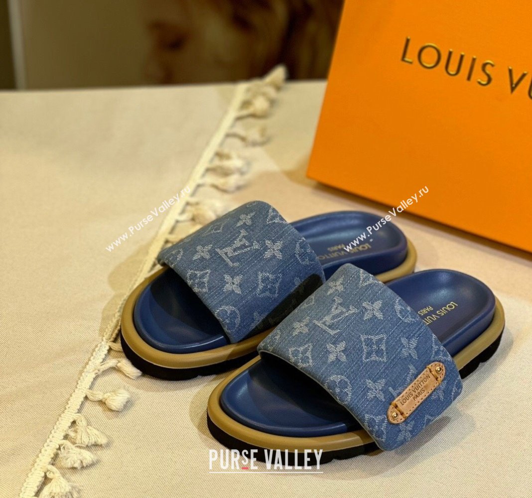 Louis Vuitton Pool Pillow Flat Comfort Slide Sandals in Monogram Denim Blue 2024 1ACJVH (MD-240105150)