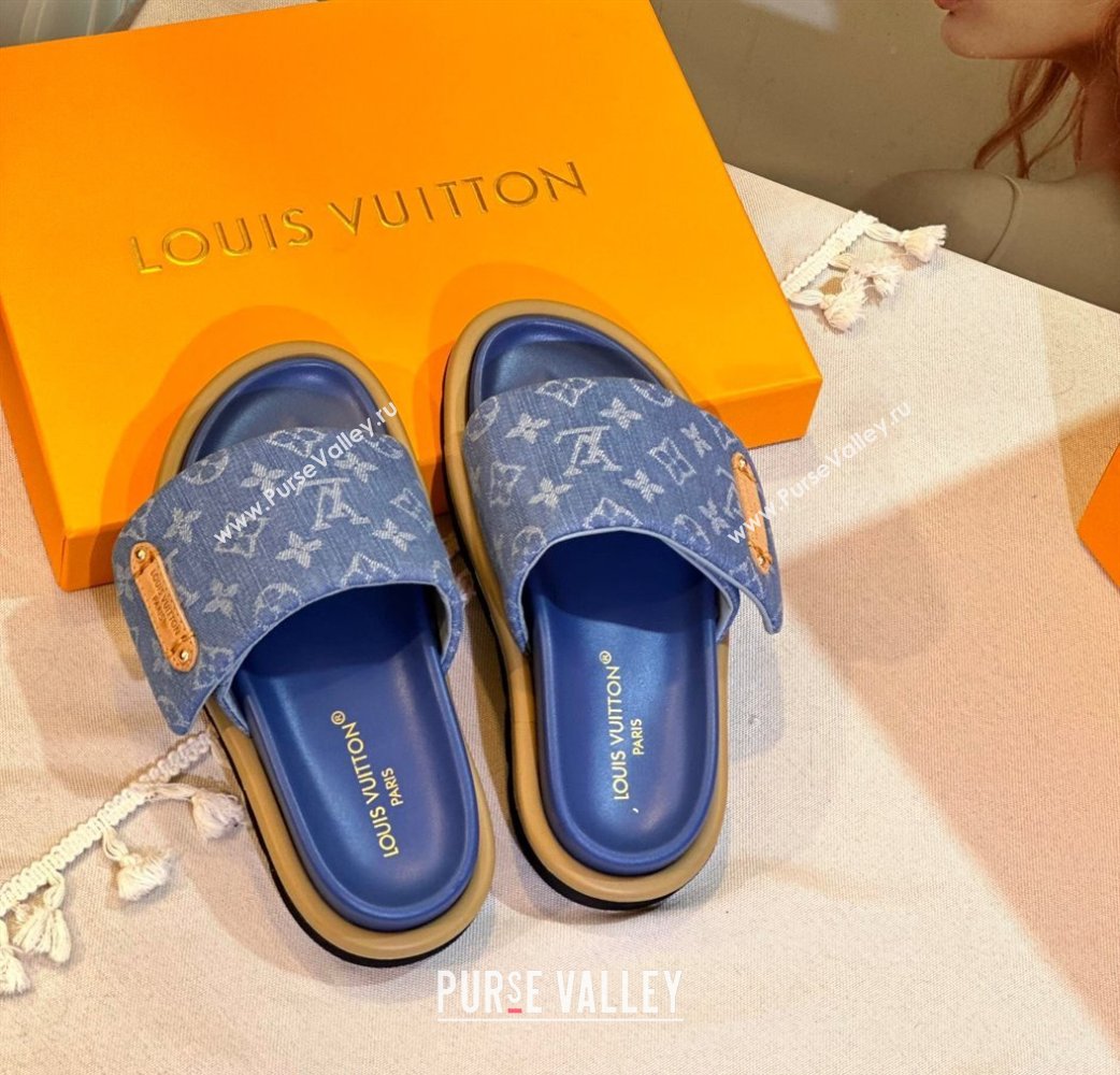 Louis Vuitton Pool Pillow Flat Comfort Slide Sandals in Monogram Denim Blue 2024 1ACJVH (MD-240105150)