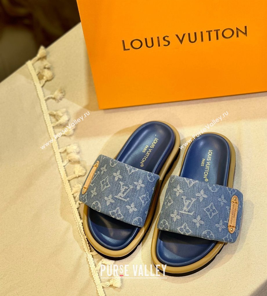 Louis Vuitton Pool Pillow Flat Comfort Slide Sandals in Monogram Denim Blue 2024 1ACJVH (MD-240105150)