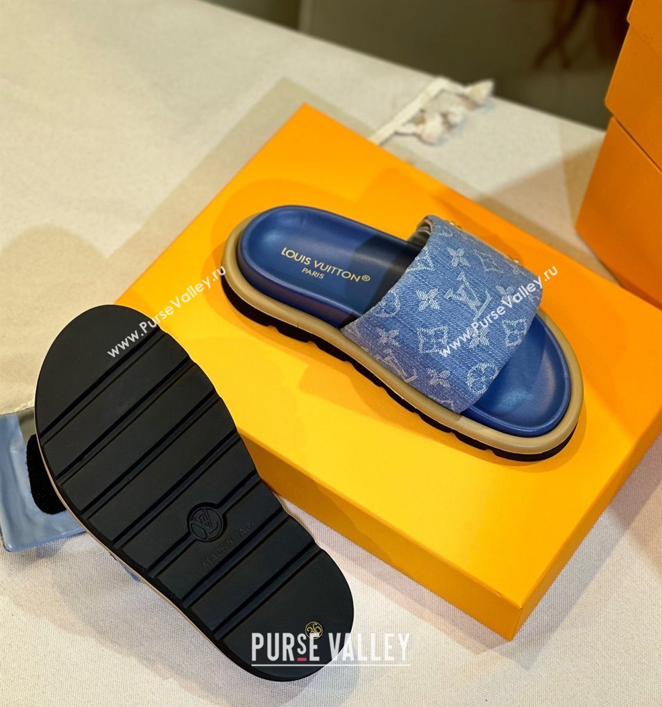 Louis Vuitton Pool Pillow Flat Comfort Slide Sandals in Monogram Denim Blue 2024 1ACJVH (MD-240105150)