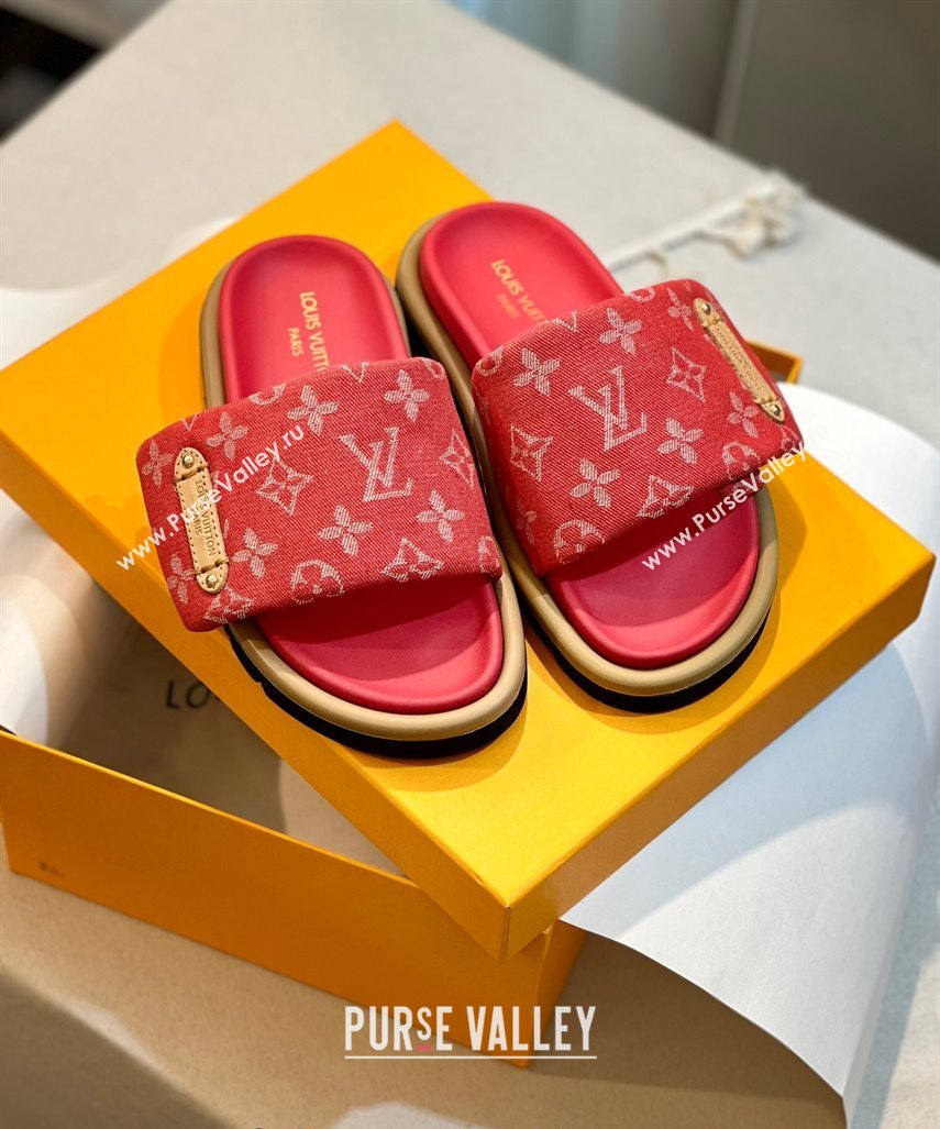 Louis Vuitton Pool Pillow Flat Comfort Slide Sandals in Monogram Denim Red 2024 1ACJVH (MD-240105151)