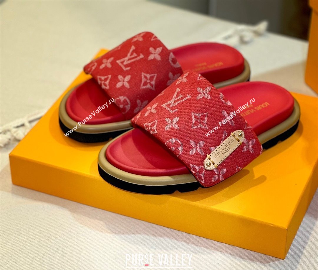 Louis Vuitton Pool Pillow Flat Comfort Slide Sandals in Monogram Denim Red 2024 1ACJVH (MD-240105151)