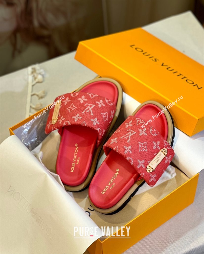 Louis Vuitton Pool Pillow Flat Comfort Slide Sandals in Monogram Denim Red 2024 1ACJVH (MD-240105151)