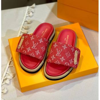 Louis Vuitton Pool Pillow Flat Comfort Slide Sandals in Monogram Denim Red 2024 1ACJVH (MD-240105151)