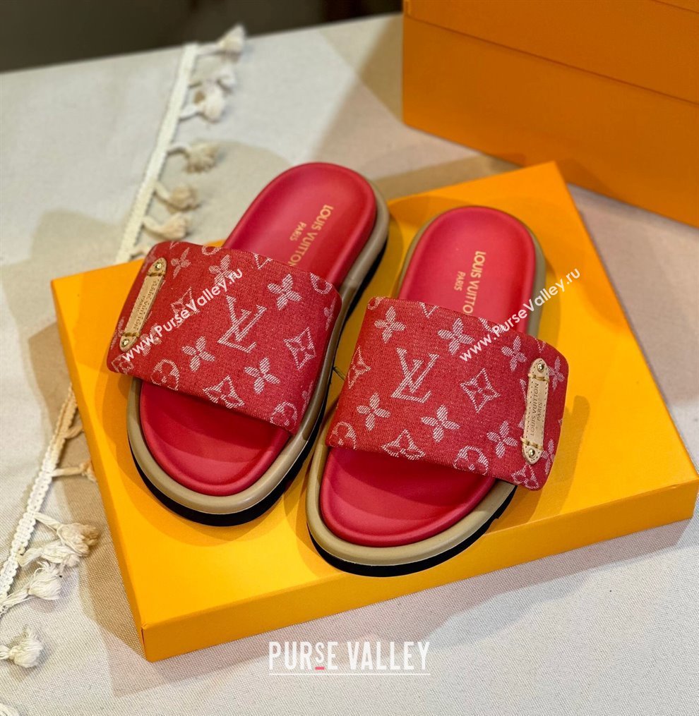 Louis Vuitton Pool Pillow Flat Comfort Slide Sandals in Monogram Denim Red 2024 1ACJVH (MD-240105151)