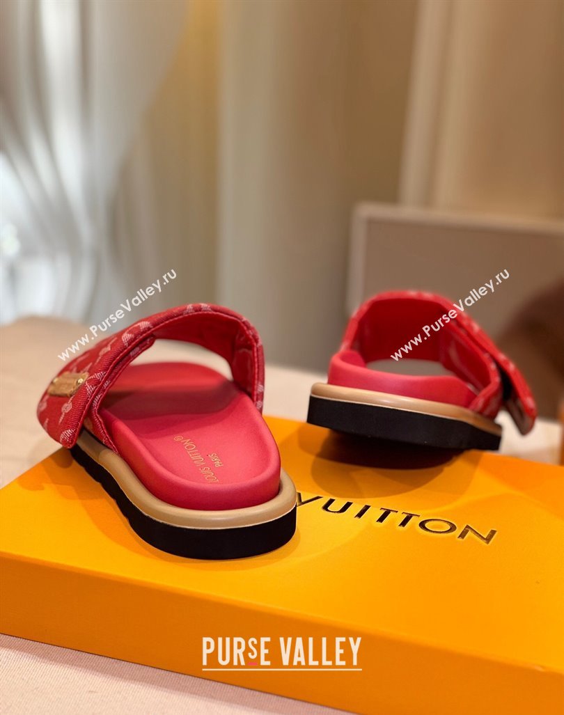 Louis Vuitton Pool Pillow Flat Comfort Slide Sandals in Monogram Denim Red 2024 1ACJVH (MD-240105151)