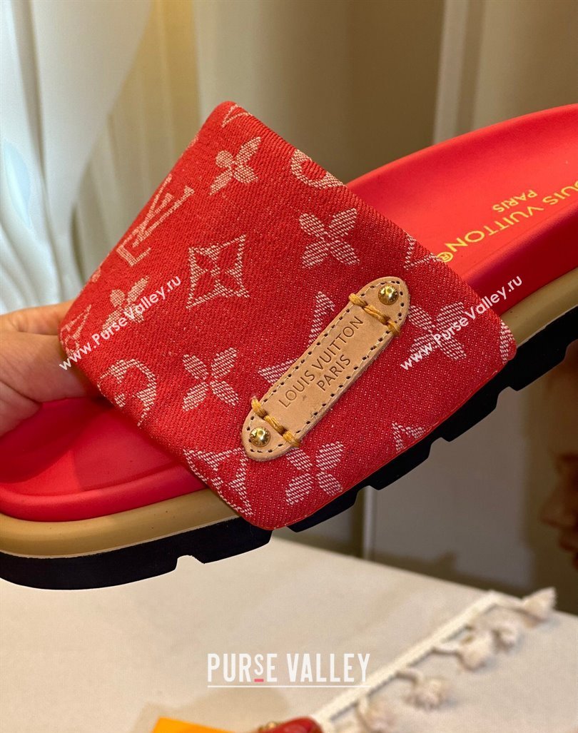 Louis Vuitton Pool Pillow Flat Comfort Slide Sandals in Monogram Denim Red 2024 1ACJVH (MD-240105151)