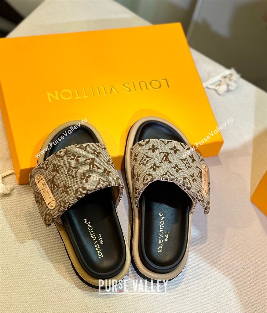 Louis Vuitton Pool Pillow Flat Comfort Slide Sandals in Monogram Denim Beige 2024 1ACJVH (MD-240105152)
