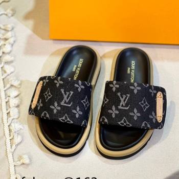 Louis Vuitton Pool Pillow Flat Comfort Slide Sandals in Monogram Denim Black 2024 1ACJVH (MD-240105153)