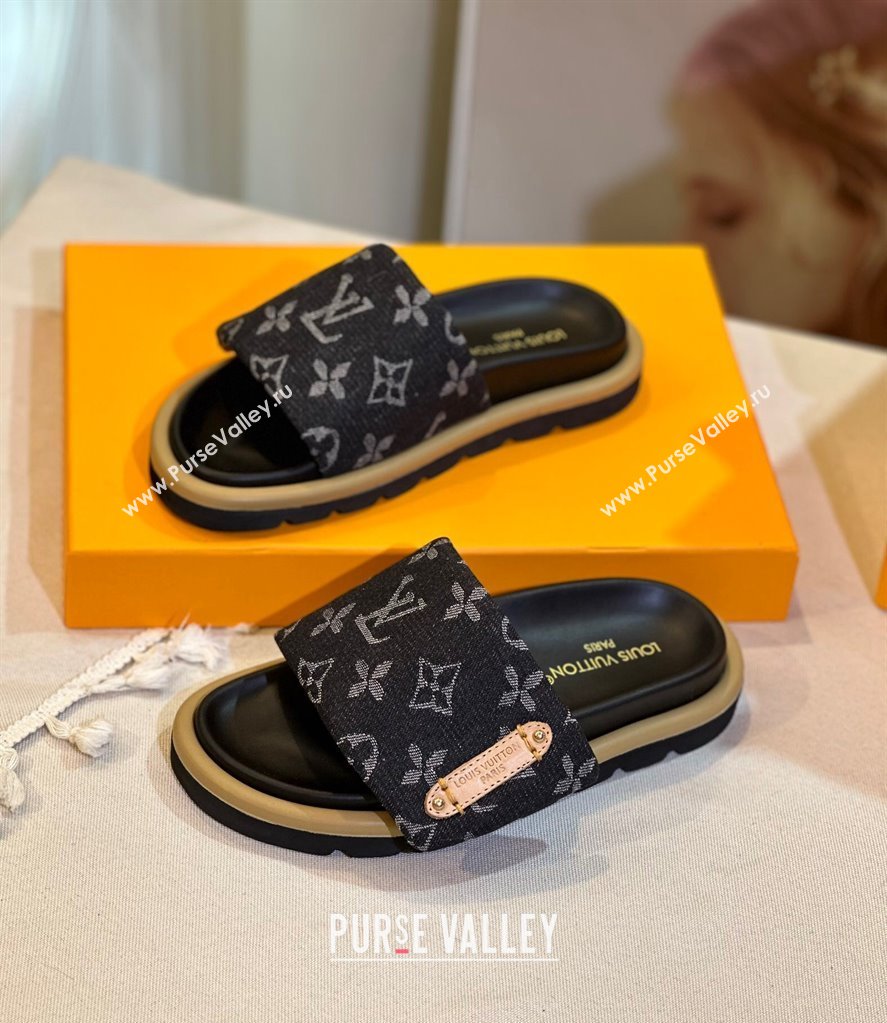 Louis Vuitton Pool Pillow Flat Comfort Slide Sandals in Monogram Denim Black 2024 1ACJVH (MD-240105153)