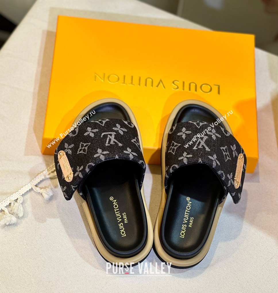 Louis Vuitton Pool Pillow Flat Comfort Slide Sandals in Monogram Denim Black 2024 1ACJVH (MD-240105153)