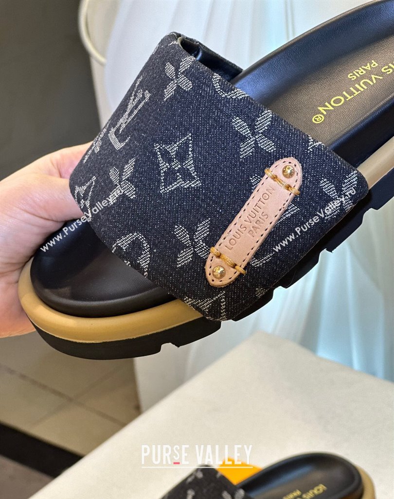 Louis Vuitton Pool Pillow Flat Comfort Slide Sandals in Monogram Denim Black 2024 1ACJVH (MD-240105153)