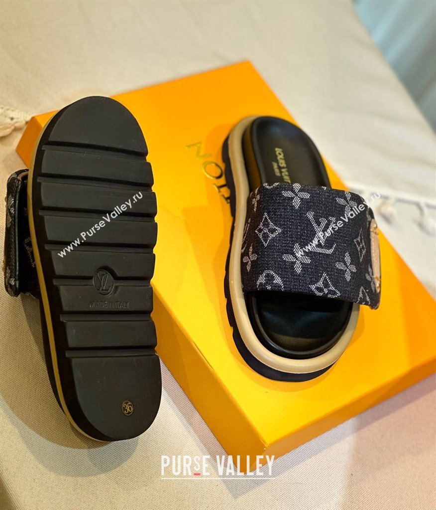 Louis Vuitton Pool Pillow Flat Comfort Slide Sandals in Monogram Denim Black 2024 1ACJVH (MD-240105153)