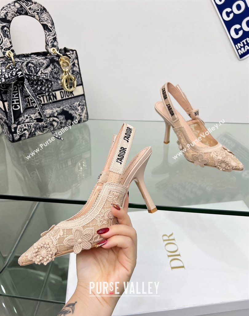 Dior JAdior Slingback Pumps 9.5cm in Transparent Mesh Embroidered with Nude 3D Macrame-Effect D-Lace Motif 2023 (MD-240106058)