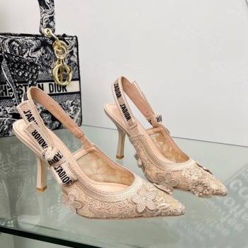 Dior JAdior Slingback Pumps 9.5cm in Transparent Mesh Embroidered with Nude 3D Macrame-Effect D-Lace Motif 2023 (MD-240106058)