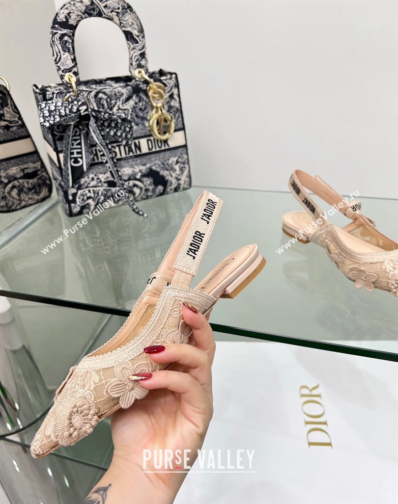 Dior JAdior Slingback Ballet Flat in Transparent Mesh Embroidered with Nude 3D Macrame-Effect D-Lace Motif 2023 (MD-240106060)