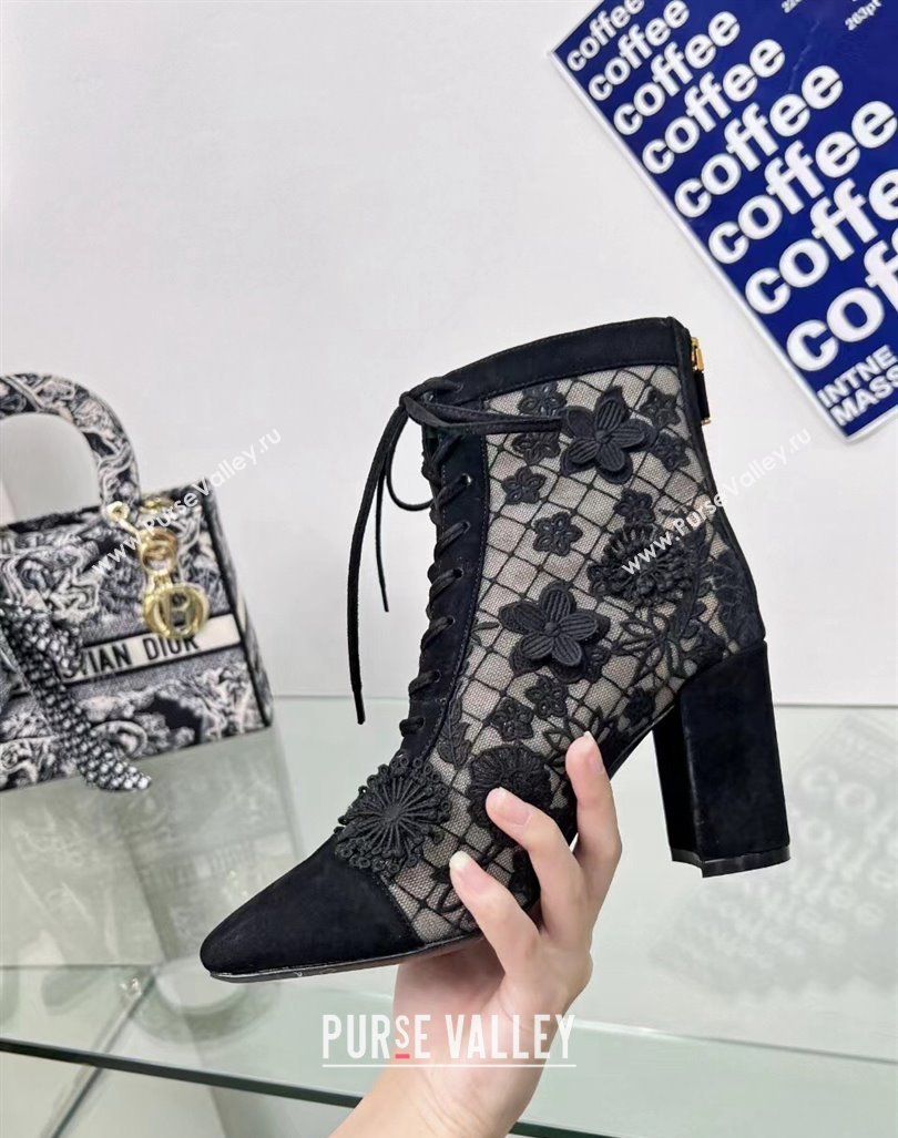 Dior Naughtily-D Ankle Boots 8cm in Transparent Mesh Embroidered with Black 3D Macrame-Effect D-Lace Motif 2024 (MD-240106071)