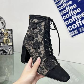 Dior Naughtily-D Ankle Boots 8cm in Transparent Mesh Embroidered with Black 3D Macrame-Effect D-Lace Motif 2024 (MD-240106071)