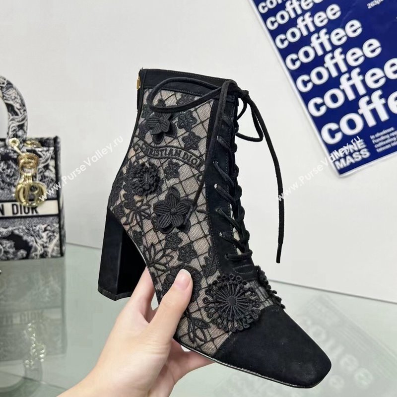 Dior Naughtily-D Ankle Boots 8cm in Transparent Mesh Embroidered with Black 3D Macrame-Effect D-Lace Motif 2024 (MD-240106071)