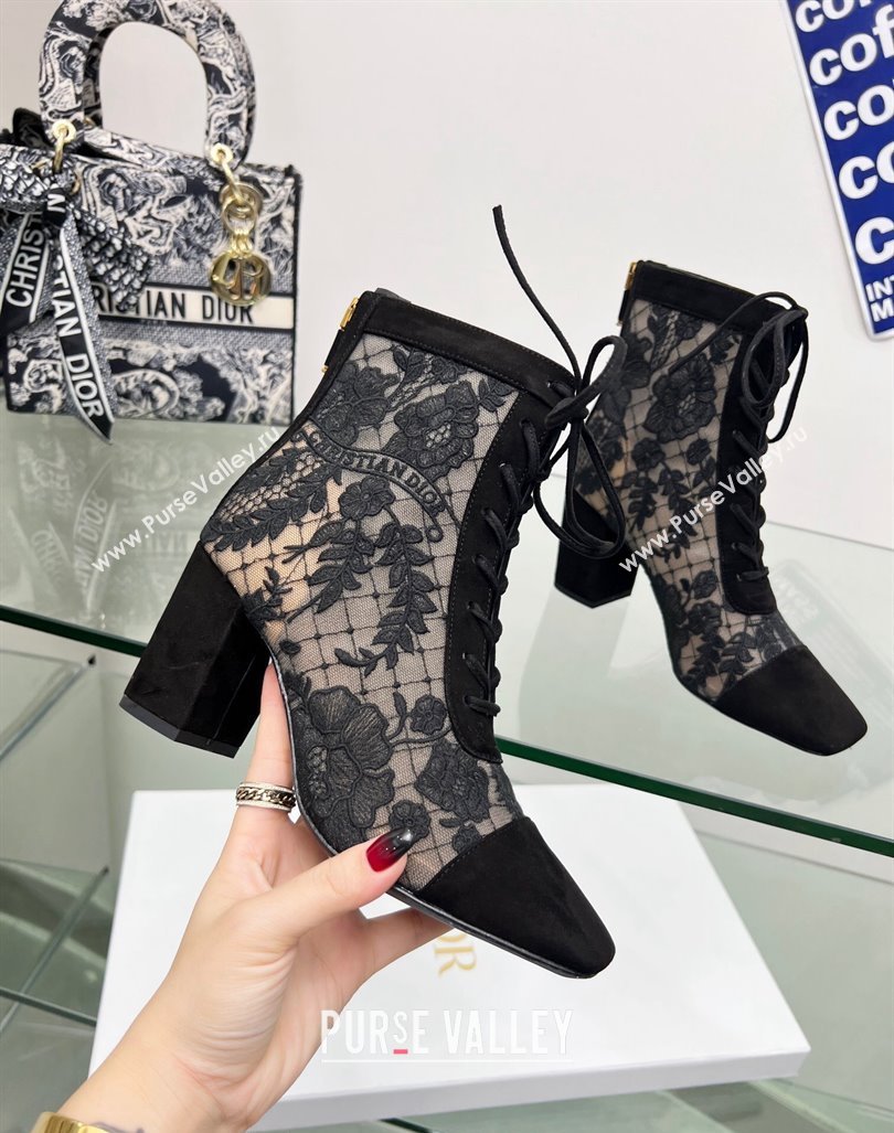 Dior Naughtily-D Ankle Boots 8cm in Transparent Mesh and Black Suede Embroidered with Dior Roses Motif 2024 (MD-240106067)