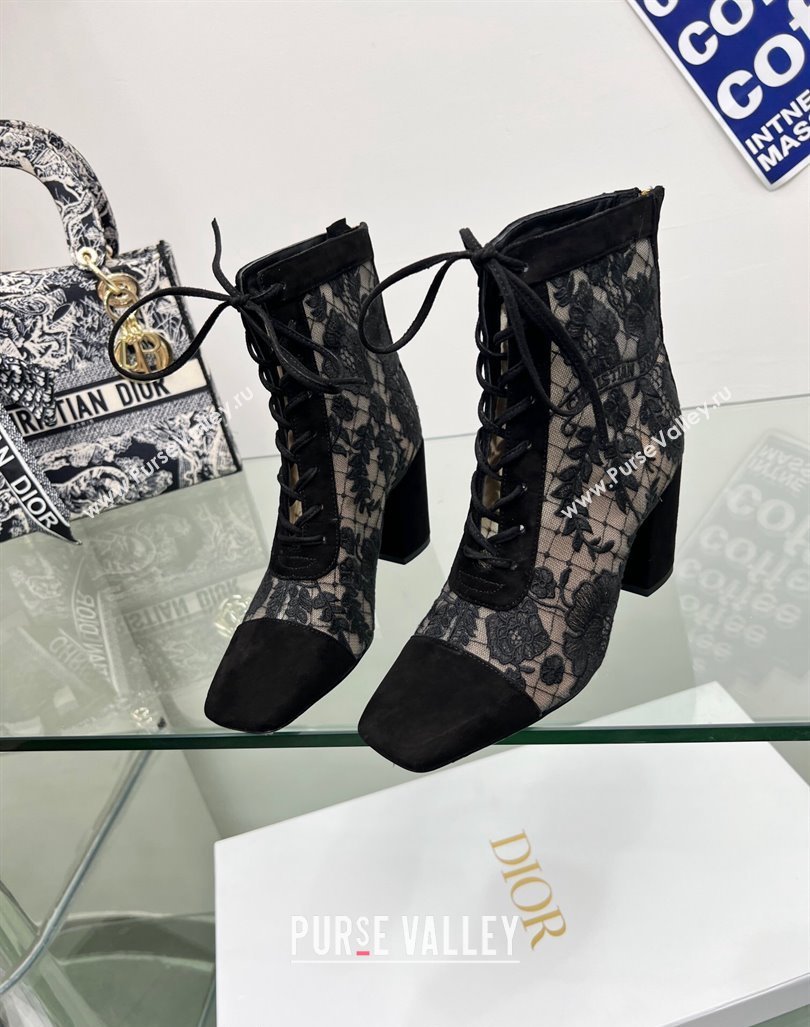 Dior Naughtily-D Ankle Boots 8cm in Transparent Mesh and Black Suede Embroidered with Dior Roses Motif 2024 (MD-240106067)