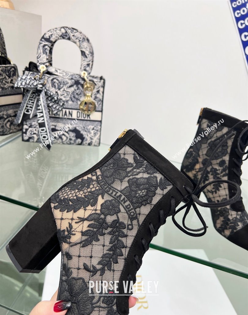 Dior Naughtily-D Ankle Boots 8cm in Transparent Mesh and Black Suede Embroidered with Dior Roses Motif 2024 (MD-240106067)