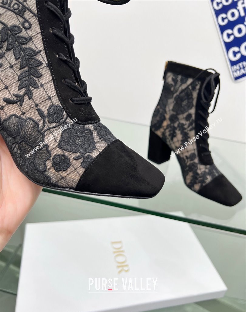 Dior Naughtily-D Ankle Boots 8cm in Transparent Mesh and Black Suede Embroidered with Dior Roses Motif 2024 (MD-240106067)