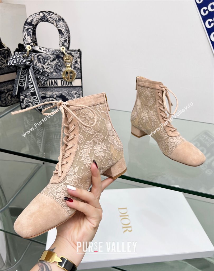 Dior Naughtily-D Ankle Boots 3.5cm in Transparent Mesh and Nude Suede Embroidered with Dior Roses Motif 2024 (MD-240106068)