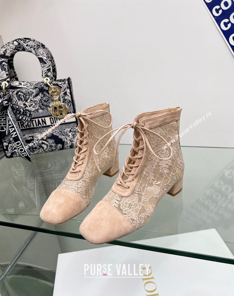 Dior Naughtily-D Ankle Boots 3.5cm in Transparent Mesh and Nude Suede Embroidered with Dior Roses Motif 2024 (MD-240106068)