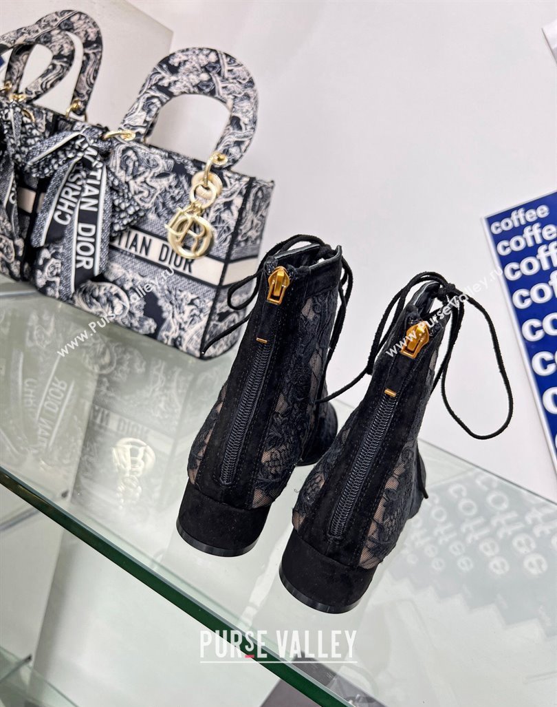Dior Naughtily-D Ankle Boots 3.5cm in Transparent Mesh and Black Suede Embroidered with Dior Roses Motif 2024 (MD-240106069)