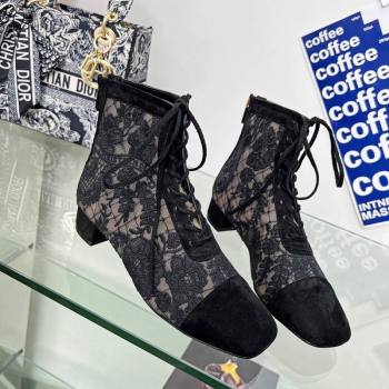Dior Naughtily-D Ankle Boots 3.5cm in Transparent Mesh and Black Suede Embroidered with Dior Roses Motif 2024 (MD-240106069)