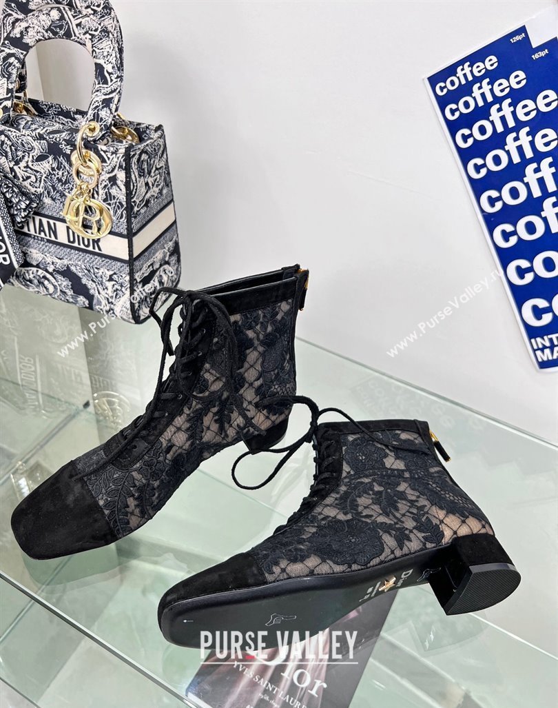 Dior Naughtily-D Ankle Boots 3.5cm in Transparent Mesh and Black Suede Embroidered with Dior Roses Motif 2024 (MD-240106069)