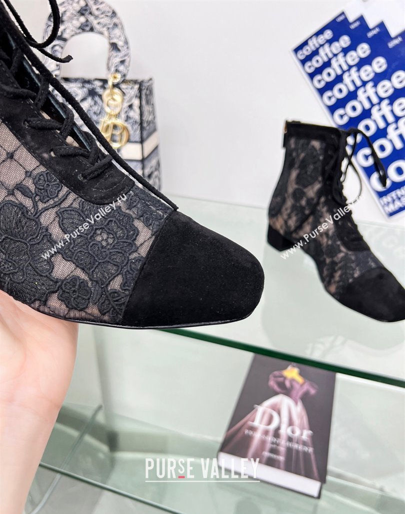 Dior Naughtily-D Ankle Boots 3.5cm in Transparent Mesh and Black Suede Embroidered with Dior Roses Motif 2024 (MD-240106069)