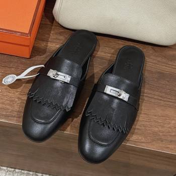 Hermes Oz Flat Mules in Calfskin with Fringe Black Leather 2024 0104 (MD-240104034)