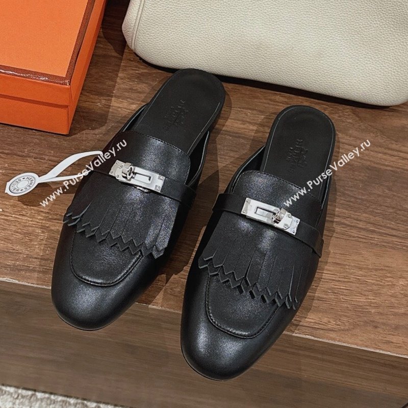 Hermes Oz Flat Mules in Calfskin with Fringe Black Leather 2024 0104 (MD-240104034)