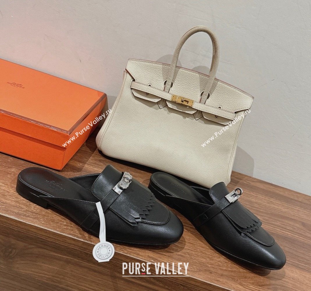 Hermes Oz Flat Mules in Calfskin with Fringe Black Leather 2024 0104 (MD-240104034)