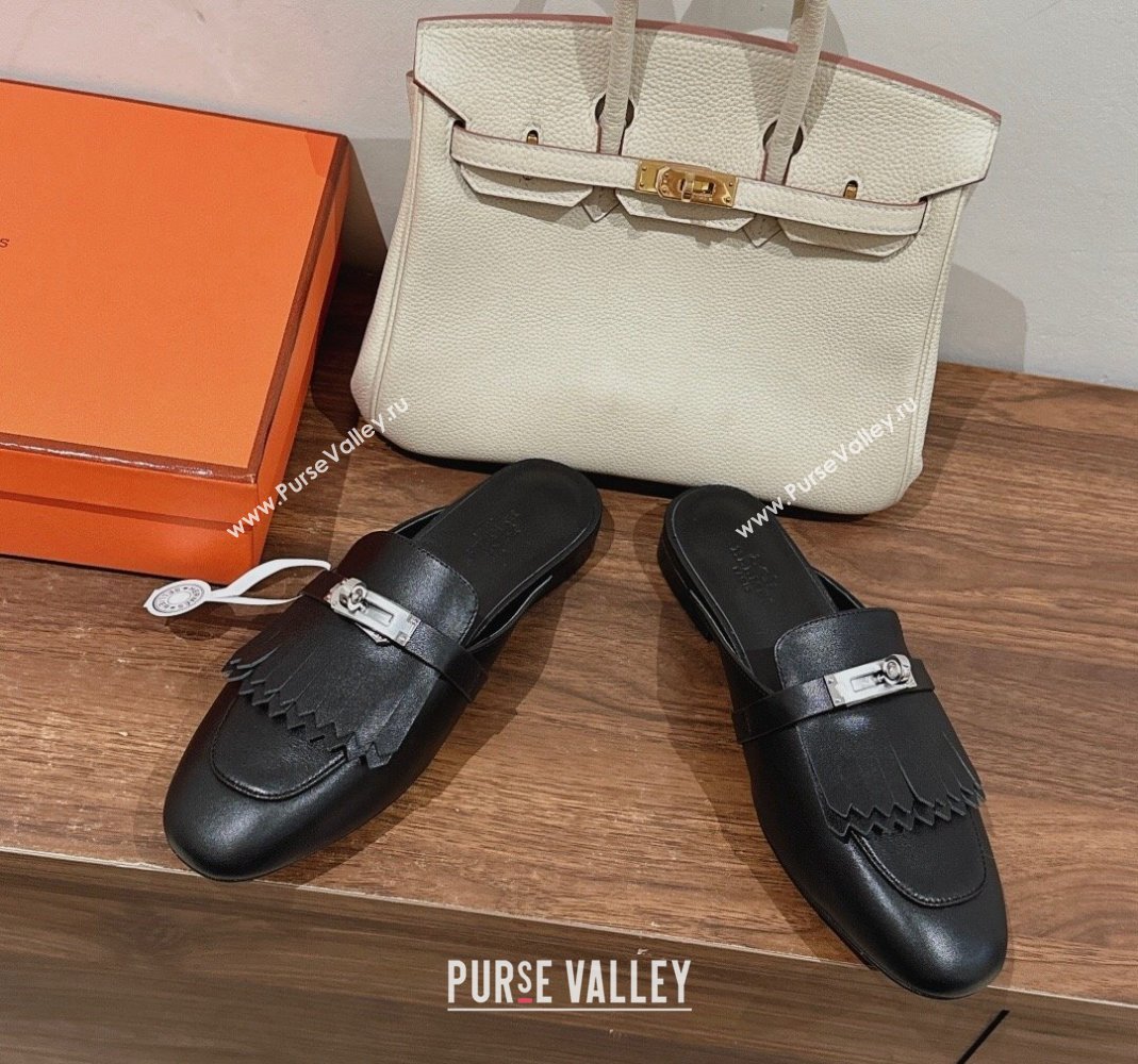 Hermes Oz Flat Mules in Calfskin with Fringe Black Leather 2024 0104 (MD-240104034)
