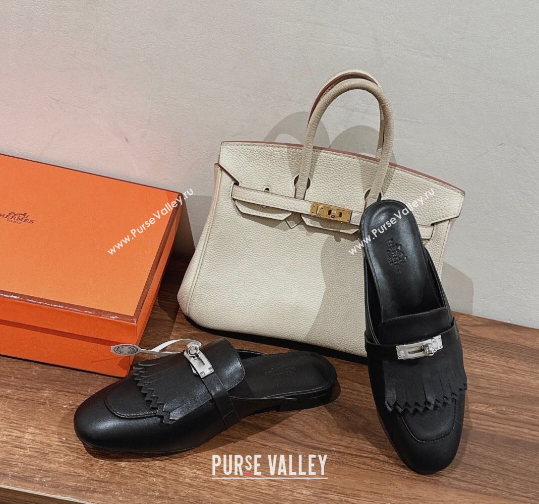 Hermes Oz Flat Mules in Calfskin with Fringe Black Leather 2024 0104 (MD-240104034)