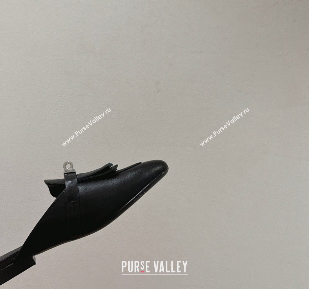 Hermes Oz Flat Mules in Calfskin with Fringe Black Leather 2024 0104 (MD-240104034)