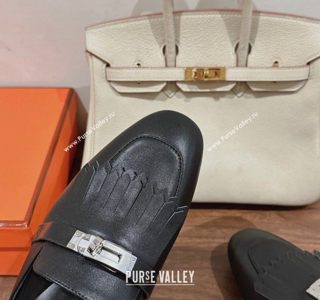Hermes Oz Flat Mules in Calfskin with Fringe Black Leather 2024 0104 (MD-240104034)