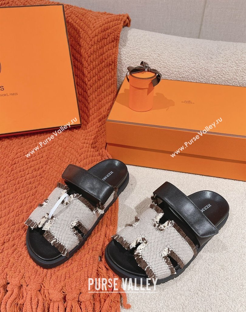 Hermes Chypre Flat Sandals in Fringed H Canvas and Calfskin 2024 0104 (MD-240104078)