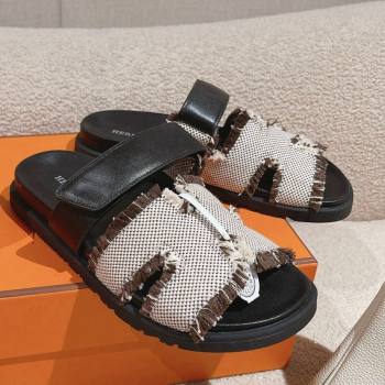 Hermes Chypre Flat Sandals in Fringed H Canvas and Calfskin 2024 0104 (MD-240104078)