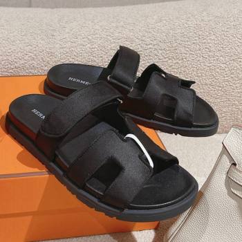 Hermes Chypre Flat Sandals in Satin Fabric Black 2024 0104 (MD-240104079)