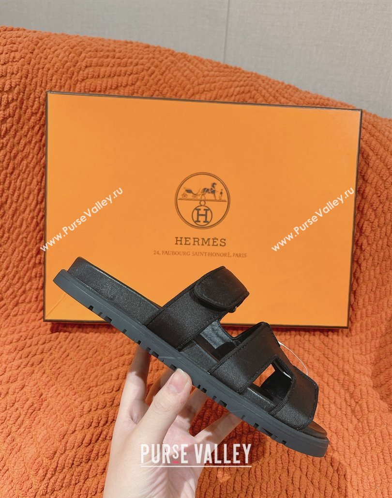 Hermes Chypre Flat Sandals in Satin Fabric Black 2024 0104 (MD-240104079)