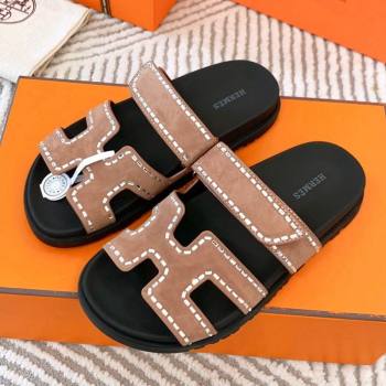 Hermes Chypre Flat Sandals in Suede with Crystals Rose Beige 2024 0104 (MD-240104083)