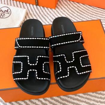 Hermes Chypre Flat Sandals in Suede with Crystals Black 2024 0104 (MD-240104084)